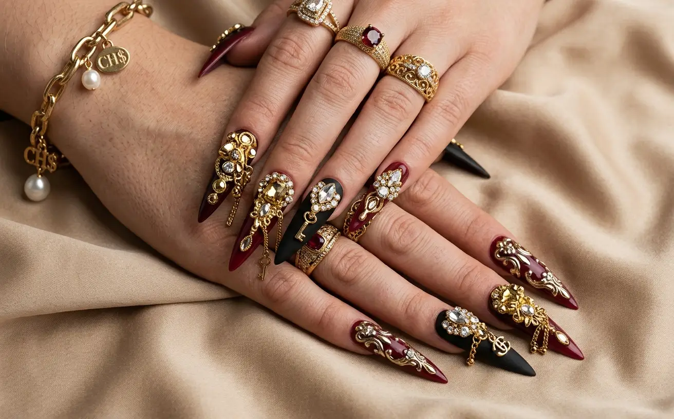 Press on nails baddie bordeaux chargé